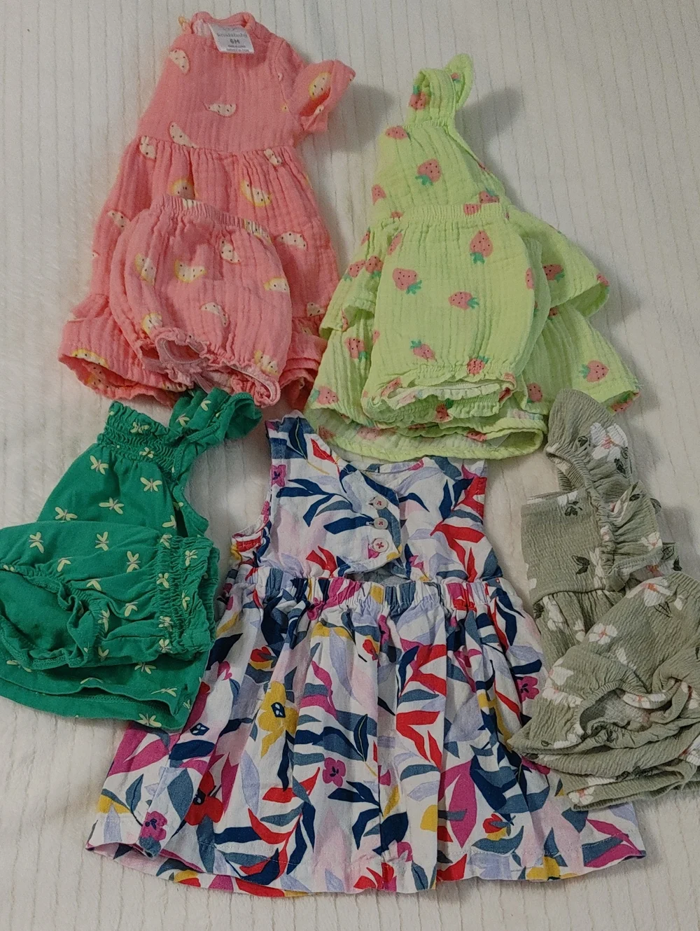Bundle Of 4 Sets And 1 Dress Baby Girls Strawberry Print Romper - Pink and Green